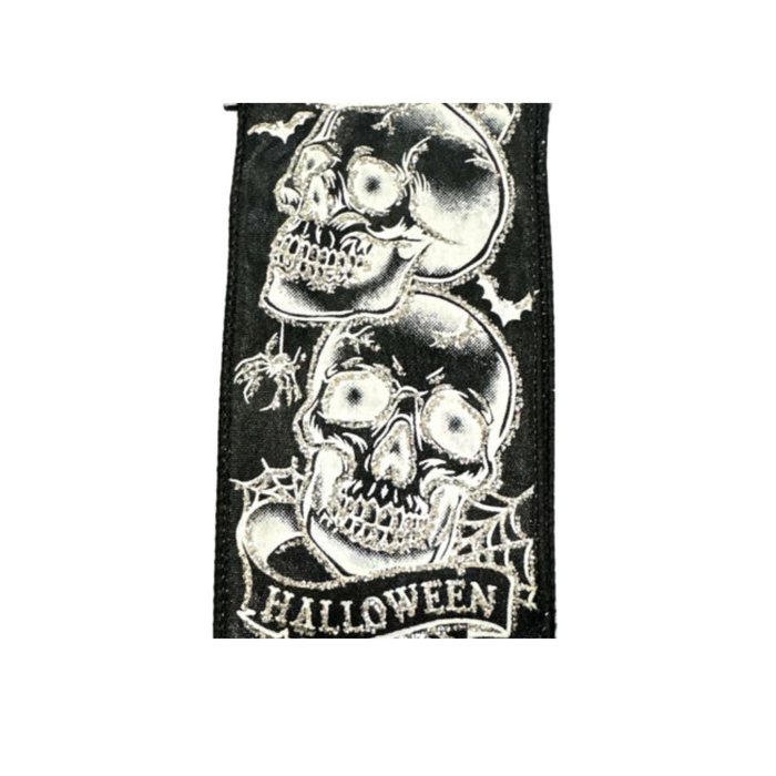 Skeleton Head Halloween Wired Ribbon by JAS Ribbon – 2.5" x 10 Yards, Wreath Ribbon