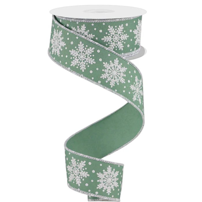 Sparkle Snowflakes Sage White Wired Ribbon by RG Ribbon – 1.5" x 10 yards