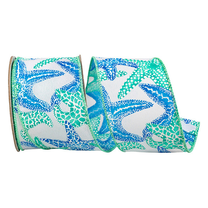 Starfish Coastal Wired Ribbon by Reliant  – 2.5" x 10 Yards, Wreath Ribbon