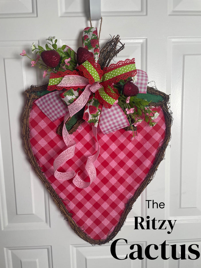 Strawberry Grapevine Fabric Wreath Door Decoration - 14 x 21 Inches  One-of-a-Kind Summer Décor