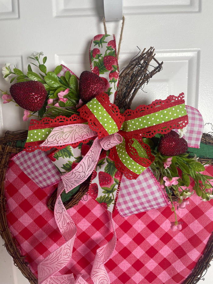 Strawberry Grapevine Fabric Wreath Door Decoration - 14 x 21 Inches  One-of-a-Kind Summer Décor
