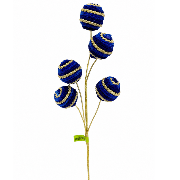 Striped Royal Blue Gold Braid Ball Spray 16"  Holiday Embellishment