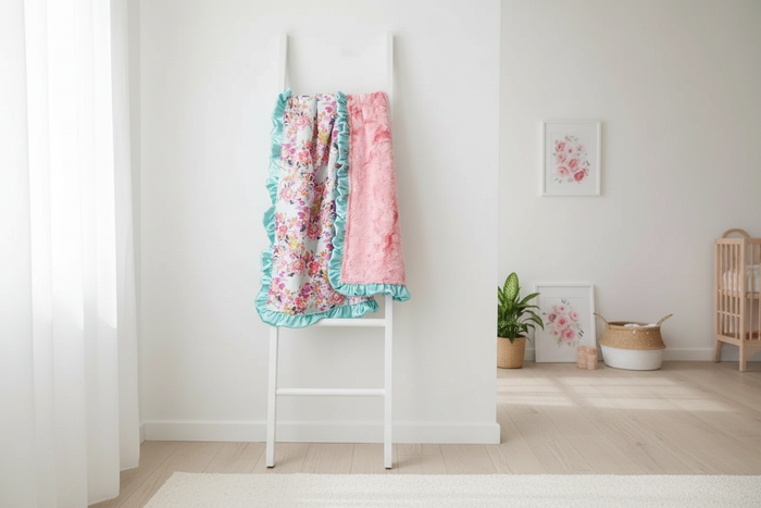 Summer Floral & Dusty Rose Minky Ruffle Blanket on white blanket ladder