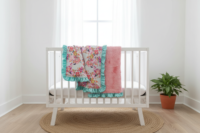 Summer Floral & Dusty Rose Minky Ruffle Blanket draped over white crib rail