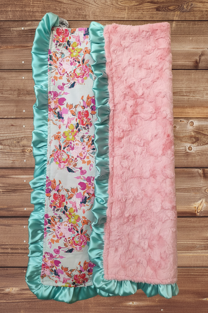 Summer Floral & Dusty Rose Minky Ruffle Blanket - product flat lay showing front and back