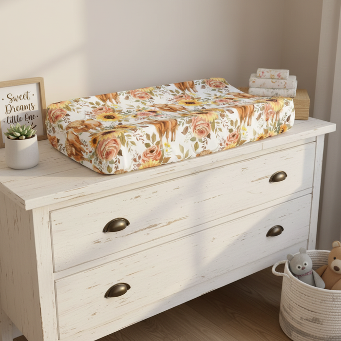 Sunflower Rose Highland Cow Changing Pad Cover - DBC Baby Bedding Co