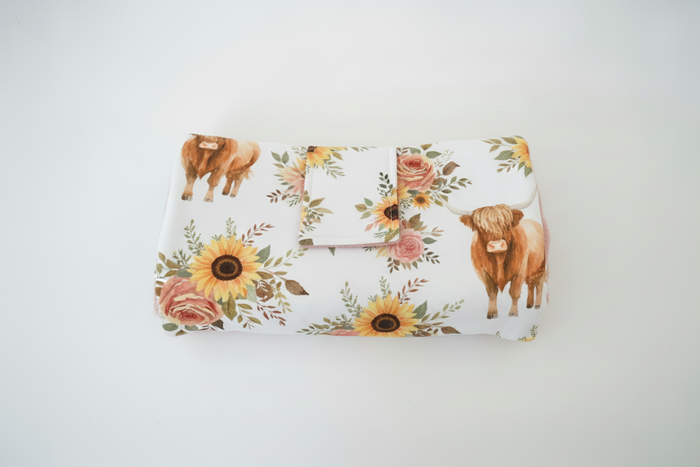 Sunflower Rose Highland Cow On the Go Changing Pad - DBC Baby Bedding Co