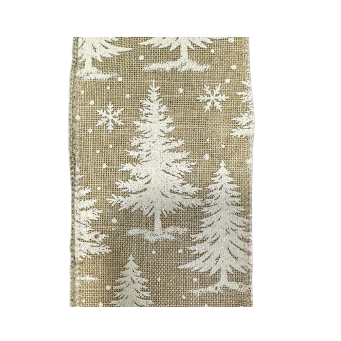 Tan Base Burlap Glitter White Christmas Trees Wired Ribbon by JAS – 2.5" x 10 Yards, Wreath Ribbon