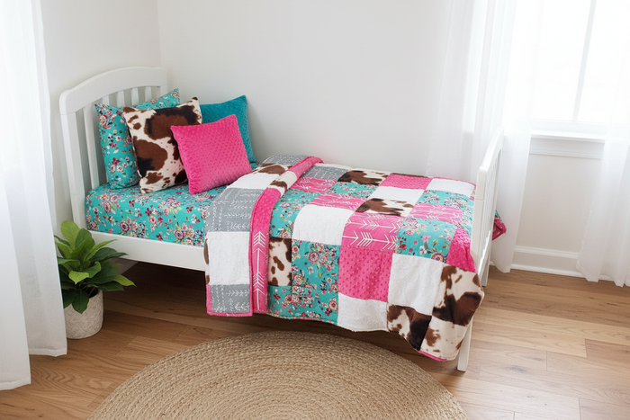 Teal Floral Cow Blanket Toddler Bed Full Fit