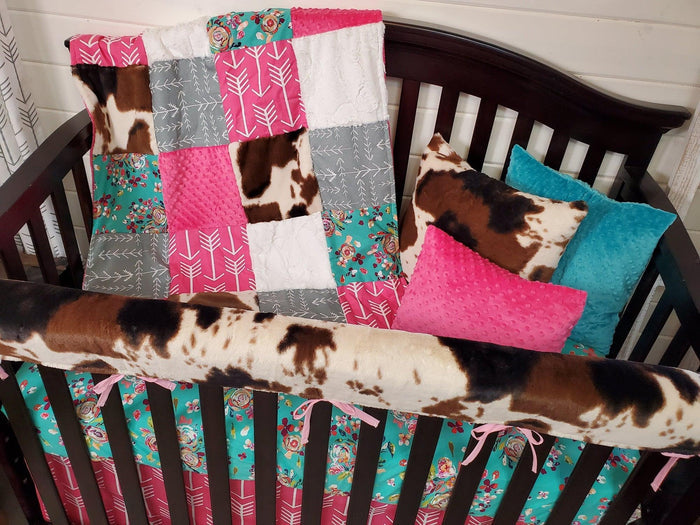 Twin, Full, Queen, or King Patchwork Blanket - Teal Floral and Cow Minky - DBC Baby Bedding Co