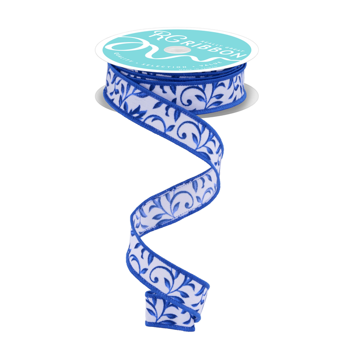 Tonal Leaves White Blue Navy Wired Ribbon by LS Ribbon – 7/8" x 10 Yards, Wreath Ribbon, Craft Supplies