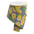 Tulips On Royal Wired Ribbon by RG – 2.5" x 10 Yards, Wreath Ribbon