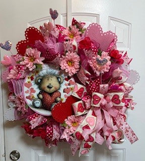 Valentine Bear Heart Wreath, Valentine Door Decor, Mesh Wreath