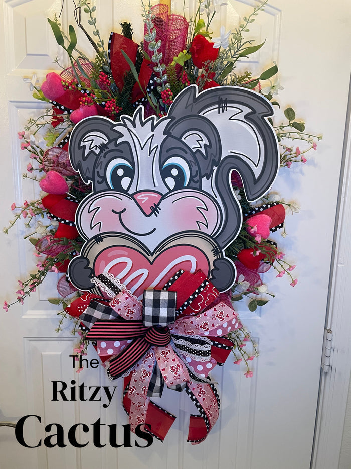 Valentine Skunk Hearts Wildflower Door Wreath Swag