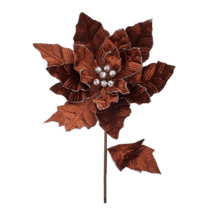 Velvet Brown Poinsettia w/Glitter Edge , Holiday Stem Embellishment