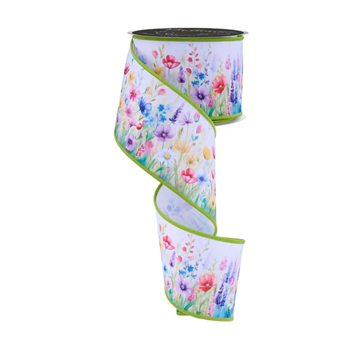 Watercolor Flowers Wired Ribbon by LS – 2.5" x 10 Yards, Wreath Ribbon