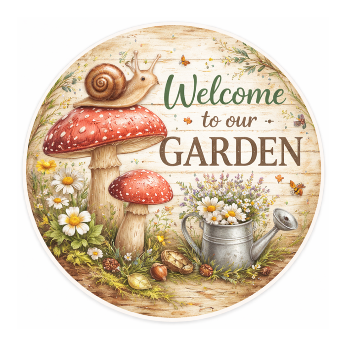 Welcome To Our Garden Mushroom Wreath Sign, Home Decor, The Ritzy Cactus