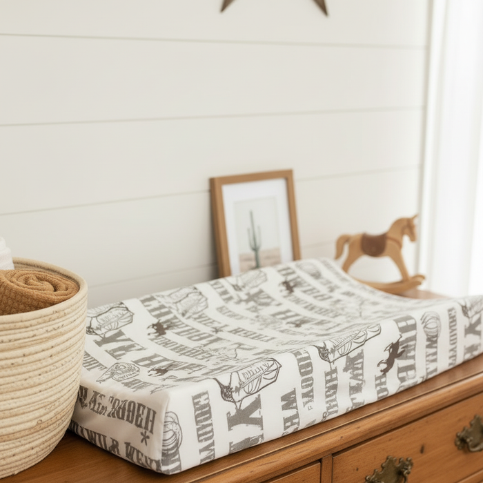 Close up of Wild West Cowboy Western Changing Pad Cover showing typography print detail