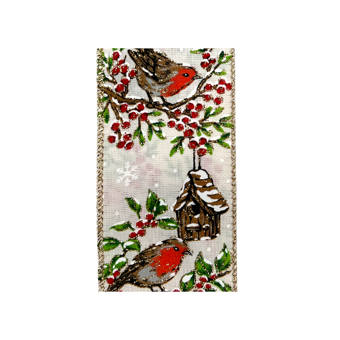 Winter Bird Birdhouse Wired Ribbon by JAS Ribbon – 2.5" x 10 Yards, Wreath Ribbon