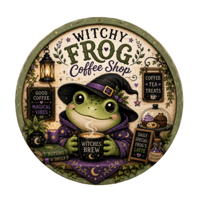 Witchy Frog Coffee Shop Halloween 10" Wreath Sign, Home Decor, The Ritzy Cactus