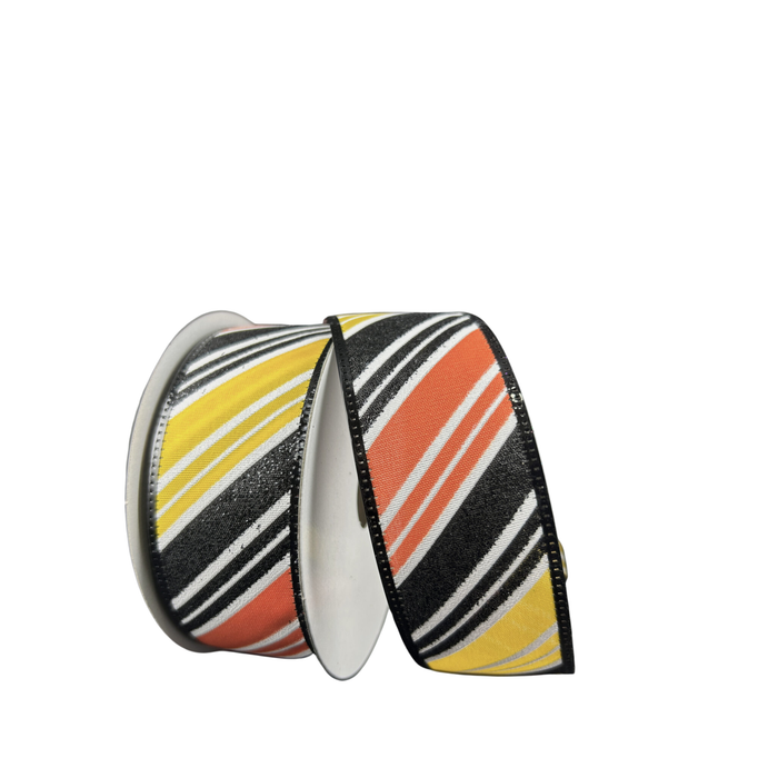 Yellow Orange Black Diagonal Stripe Wired Ribbon by JAS – 1.5" x 10 Yards, Wreath Ribbon